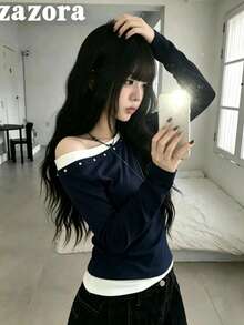 設計感對比色 2 合 1 不對稱單肩長袖 T-shirt，甜酷辣妹風百搭修身上衣 - 藏青色 - 查看 5