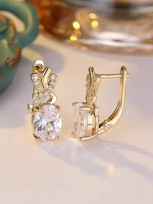 1 Pair Exquisite Oval White Zirconia Inlaid Silver-Plated Earrings For Women, Suitable For All Special Occasions Throughout The Year, Enhance Your Charm - Silvery - View 2