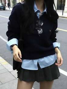 Autumn/Winter Sweater Design Layered Shirt 2-In-1 Long Sleeve Knit Cardigan - Navy Blue - View 4