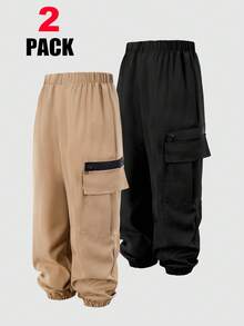 2pcs/Set Boys Casual Loose Solid Color Pocket Cargo Pants, School, Campus, College - Multicolor - View 4