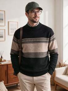 Jersey grueso de punto con estampado para hombre, estilo británico casual para ir al trabajo, talla pequeña - Negro - Ver 1