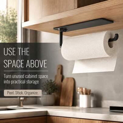 Soporte de papel de cocina autoadhesivo sin taladro y sin clavos montado en la pared, material de plástico de alta calidad sin taladro y sin clavos montado en la pared, estante para rollo de papel de cocina, estante multifuncional para almacenamiento de sombreros, gancho para toallas, adecuado para baño, armario, gabinete de alimentos, organizador de almacenamiento que ahorra espacio, decoración de cocina y accesorios