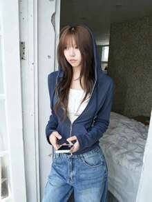 Korean Style Retro Solid Color Casual Versatile Zip-Up Slimming Hooded Sweatshirt Jacket For Women - Royal Blue - View 3