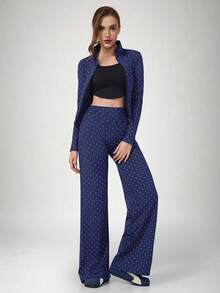 NcmRyu Women's One Set Polka Dot Stand Collar Long Sleeve Zipper Jacket & Straight Wide Leg Pants - Navy Blue - View 9