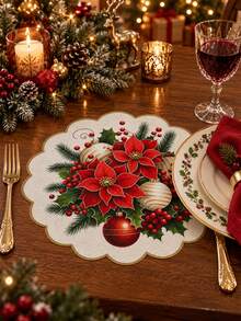 Set Of 2/4/6 Red Poinsettia And Bell Christmas Placemats – Festive Holiday Table Decor; Linen Placemats Featuring Poinsettia Floral Designs; Suitable For Christmas Table Settings And Year-Round Use. - Multicolor - View 5