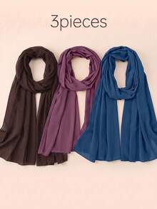 3pcs Women's Solid Color Pearl Chiffon Soft Headscarf Arabic Casual Long Scarf Conservative Solid Color Headwrap Suitable For Middle East Daily Use - Amethyst 1, Dark Chocolate 1, Flower Crown Blue 1 - View 6