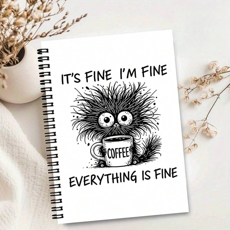 A5 Funny "Coffee Cat" Spiral Bound Notebook (100 Pages), Printed With "Everything Is Fine" Text, Suitable For Students And Office Use, Quirky Style Notepad - Lined Book - View 1