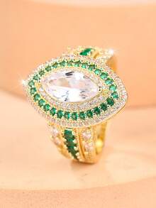 1 Women's Ring With A Gorgeously Set Marquise-Cut White Zirconia And Multi-Layer Green Zirconia Pave Setting-An Accessory For Banquets And Parties - Yellow Gold - View 3