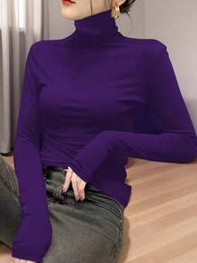 女款高領高領內搭上衣，2024春夏秋冬新款，長袖黑色薄針織上衣 - 紫羅蘭色 - 查看 3