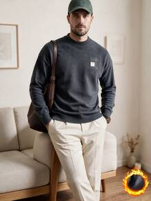 男士微寬鬆拼接刺繡毛衣，保暖內裡加厚休閒針織上衣，適合冬季 - 深灰色 - 查看 3