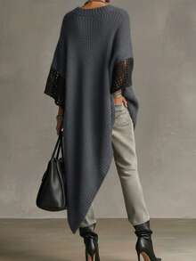 Elegant And Mature Plus-Size Pullover Sweater For Autumn And Winter, Perfect For Everyday Commuting And Outings. Features A Retro V-Neck, Color-Blocked Design, Fashionable Openwork Sleeves, And An Asymmetrical Hem. Mid-Length Style. - Black - View 3