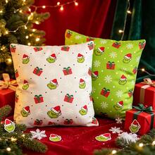 The Grinch Grinchmas Christmas Pillow Case, Cartoon Christmas Hat Snowflake Gift Box Pattern Square Decorative Cushion Cover, Suitable For Sofa Bedroom, Christmas Holiday Home Decor Gift - Multi-color - View 2