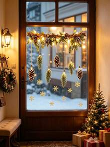 1Set Christmas Window Clings,Christmas Themed Window Sticker With Pine Cone,Pine Branch, And Snowflake Patterns,Self-Adhesive Waterproof Window Sticker For Kitchen,Bedroom,Winter Home Decor,Farmhouse Decorations,Christmas Atmosphere Setting - A - View 7