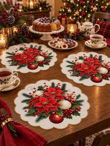 Set Of 2/4/6 Red Poinsettia And Bell Christmas Placemats – Festive Holiday Table Decor; Linen Placemats Featuring Poinsettia Floral Designs; Suitable For Christmas Table Settings And Year-Round Use. - Multicolor - View 6