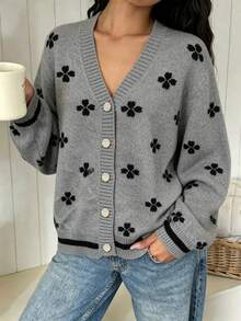 Women's Autumn/Winter Minimalist Clover Design Contrast Color Metal Button Cardigan, Fashionable Elegant Loose Casual Versatile Knit Sweater Long Sleeve Jacket Top - Grey - View 4