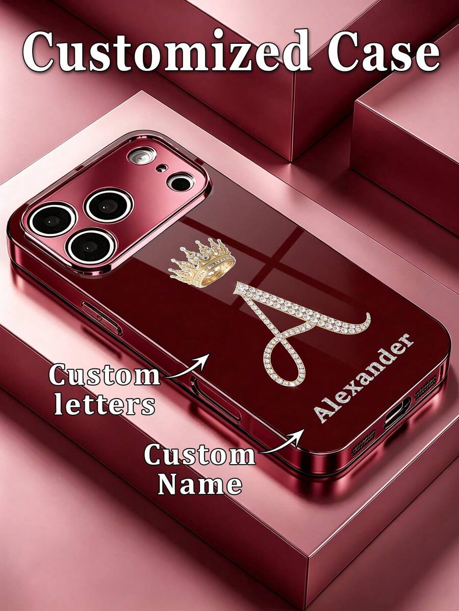 1pc Customized Name Fashion Phone Case, Printed Rhinestone Initial With Gold Crown Pattern, Burgundy Electroplated High-Definition Glass Shell Compatible With Apple Duo/18ProMax/17ProMax/16Pro/15/14Plus/13Pro/12ProMax/11/XsMax & S26Ultra/25Plus/24/23/22 & A36/A35/A33/A31/A26/A15/A13/Note20/10Pro And Other Series Models - Burgundy - View 1