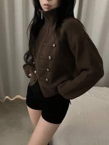 Vintage Style Autumn/Winter New Women's Knit Cardigan Sweater With Stand Collar, Double Zipper And Button Design, Thick Loose Fit, Slimming Versatile Outerwear - Coffee Brown - View 3
