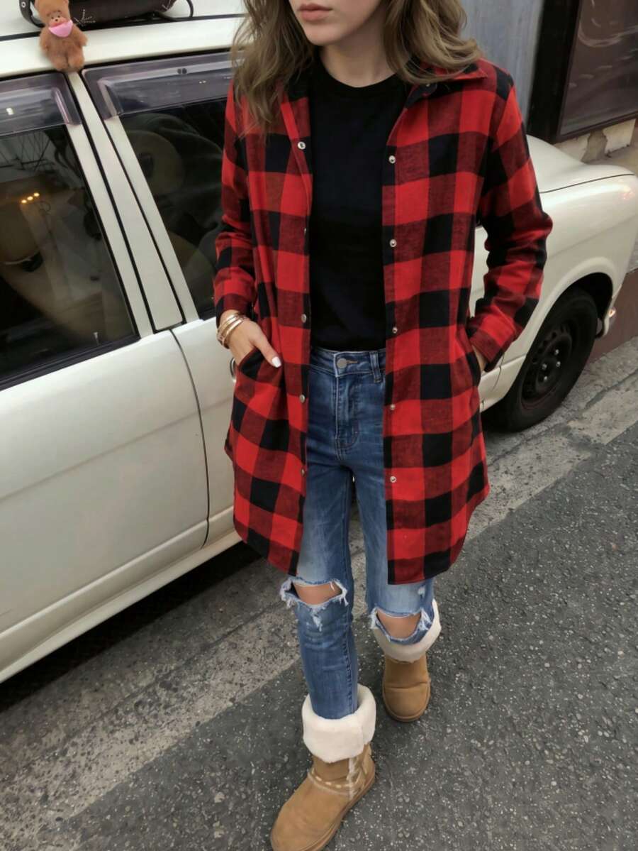 Plus Size Women Plaid Button Pocket Casual Long Sleeve Shirt - Red - View 1
