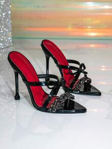Women's Black Bow Decor High Heel Mule Sandals, Elegant Party Sandals - Black - View 5