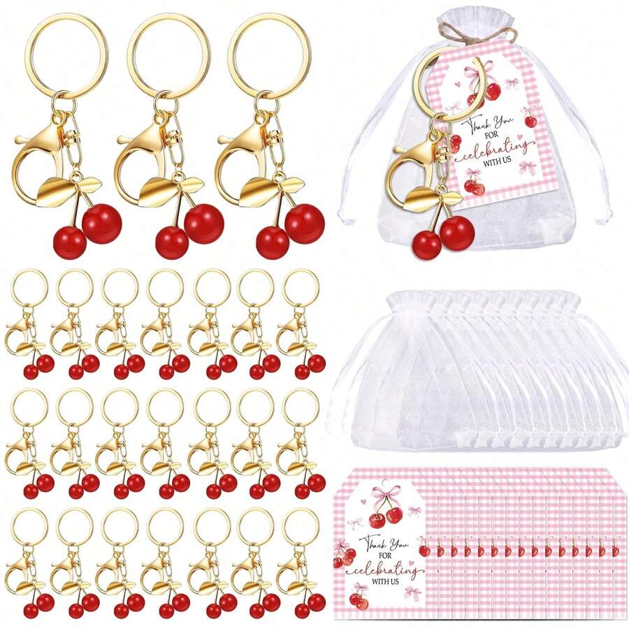 30 pièces (10 sets) / 60 pièces (20 sets) Porte-clés cerise, cadeaux de fête, comprend des porte-clés cerise, des cartes de remerciement et des étiquettes en organza, décoration de fête cerise sur le dessus, porte-clés fruits rouges, cadeaux pour invités d'anniversaire, baptême et mariage - Multicolore - Voir 1