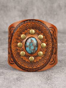 1pc Bohemian Western Cowboy Style Embossed Leather Bracelet, Concentric Circle Carved Alloy Rivet Bracelet With Adjustable Clasp, Suitable For Carnival, Halloween Party, Stage Performance, Unisex, Birthday Gift For Boyfriend - Bracelet - View 3