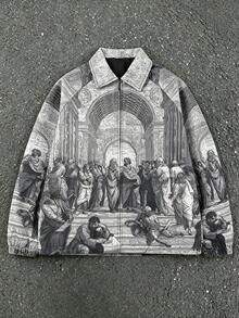 Men's Spring/Autumn Renaissance Print All-Over Zipper Jacket, Raglan Sleeve, Turn-Down Collar, Hip-Hop Street Style Casual Jacket - Grey - View 1