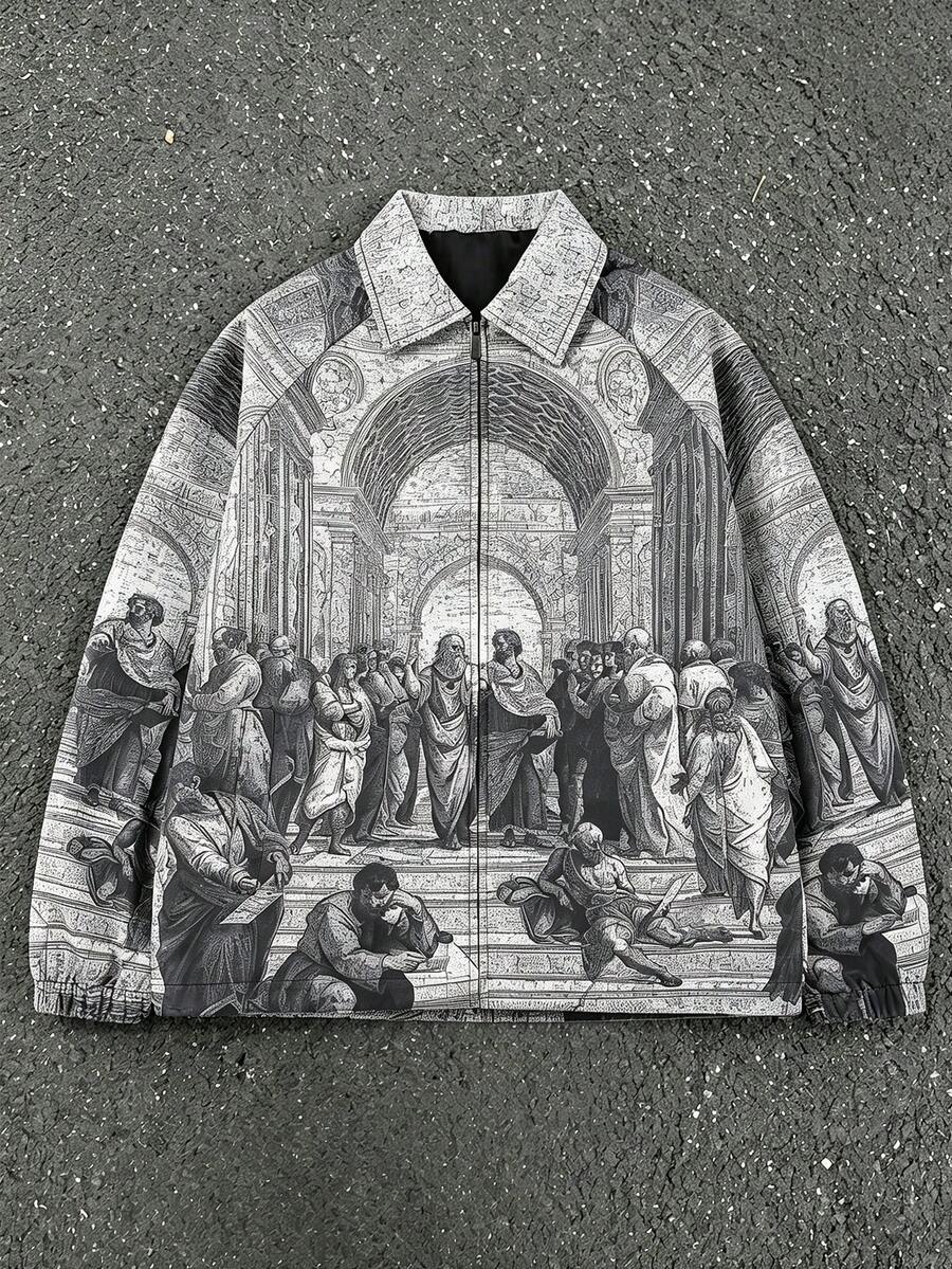 Men's Spring/Autumn Renaissance Print All-Over Zipper Jacket, Raglan Sleeve, Turn-Down Collar, Hip-Hop Street Style Casual Jacket - Grey - View 1