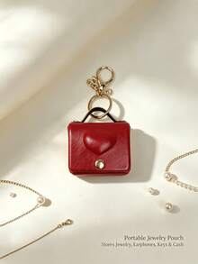 1pc Faux Leather Heart-Shaped Mini Jewelry Storage Bag, Portable Earphone Bag Keychain Hanging, Mini Travel Ring Box Travel Jewelry Box Cosmetic Storage Box, Women's Earring/Ring/Necklace/Bracelet Storage Box, Mini Wallet, Birthday Gift - Heart-shaped Solid Color Small Bag - View 10