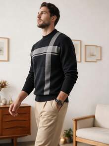 Men's Autumn/Winter Round Neck Striped Sweater, Stand Collar Business Casual Knitted Pullover, Comfortable For Party, Home Wear, Long Sleeve Top - Black - View 6