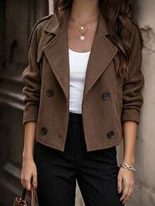 Women's Solid Brown Cropped Coat, Collared Double Breasted Short Jacket For Elegant Fashion, Commute, Business, Spring Fall Winter Wardrobe Essential - Brown - View 4