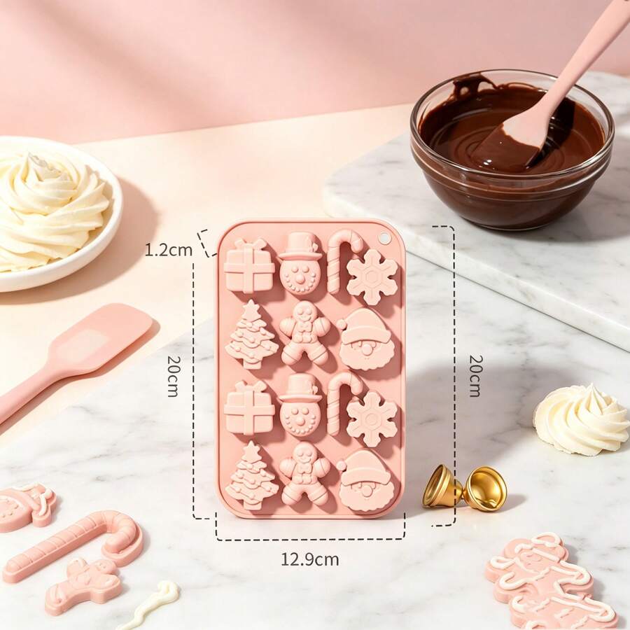 3D DIY Christmas Element Baking Mold Gift Christmas Tree Candy Cane Gingerbread Man Snowman Santa Claus Shaped Candy Chocolate Mold Heat Resistant Cold Resistant Reusable - Pink - View 1