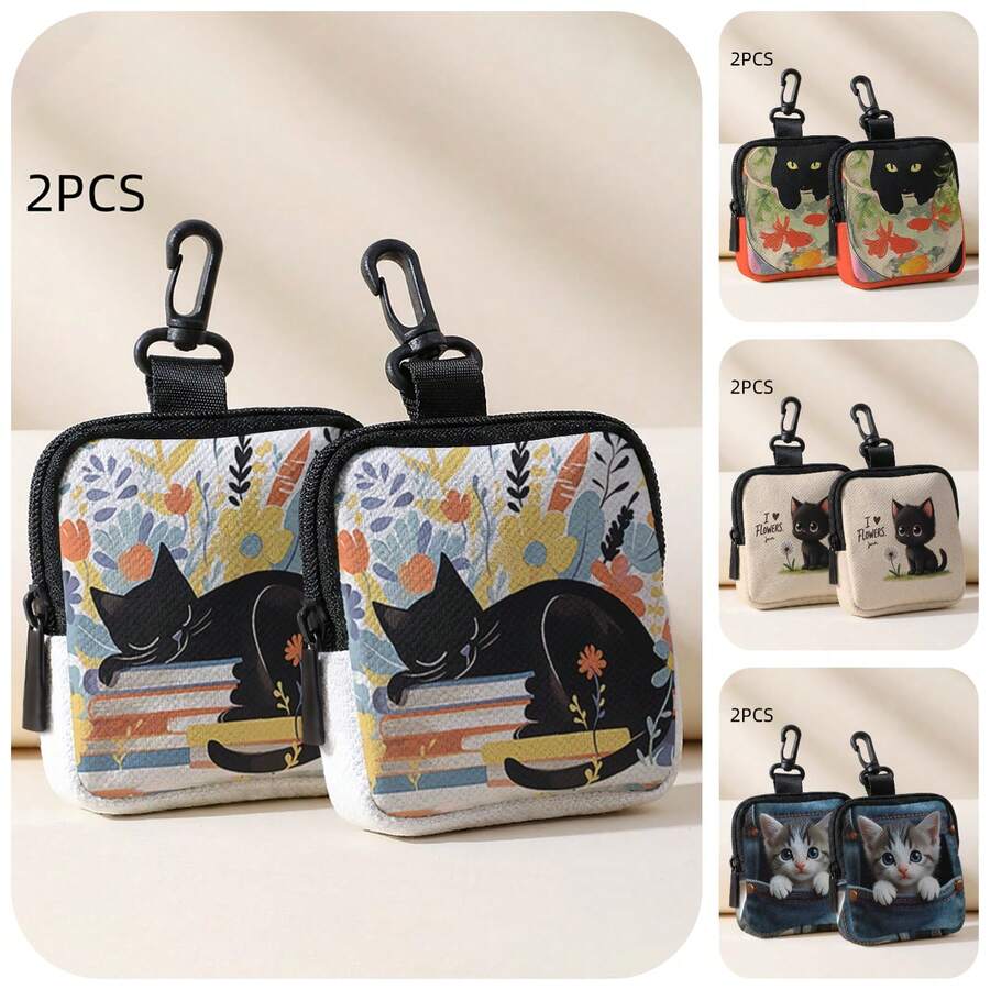 1/2pcs ,Cat & Books Floral Print Mini Coin Purse,Zipper Closure Small Pouch With Swivel Hook For Earphones Coins Tiny Accessories,Can Hang On Backpack - Multicolor - View 1