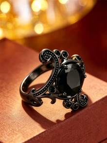 1pc New Gothic Vintage Hollow Exquisite Ring, Round Large Black Scroll Floral Pattern Hollow Band, Unique Niche Women's Fashion Accessory - Ring - View 4