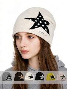1pc Women's Autumn/Winter New Knit Beanie Hat, Large Head Circumference, Face-Slimming, Warm, Black Slouchy Hat With Five-Point Star Design - Multicolor - View 1