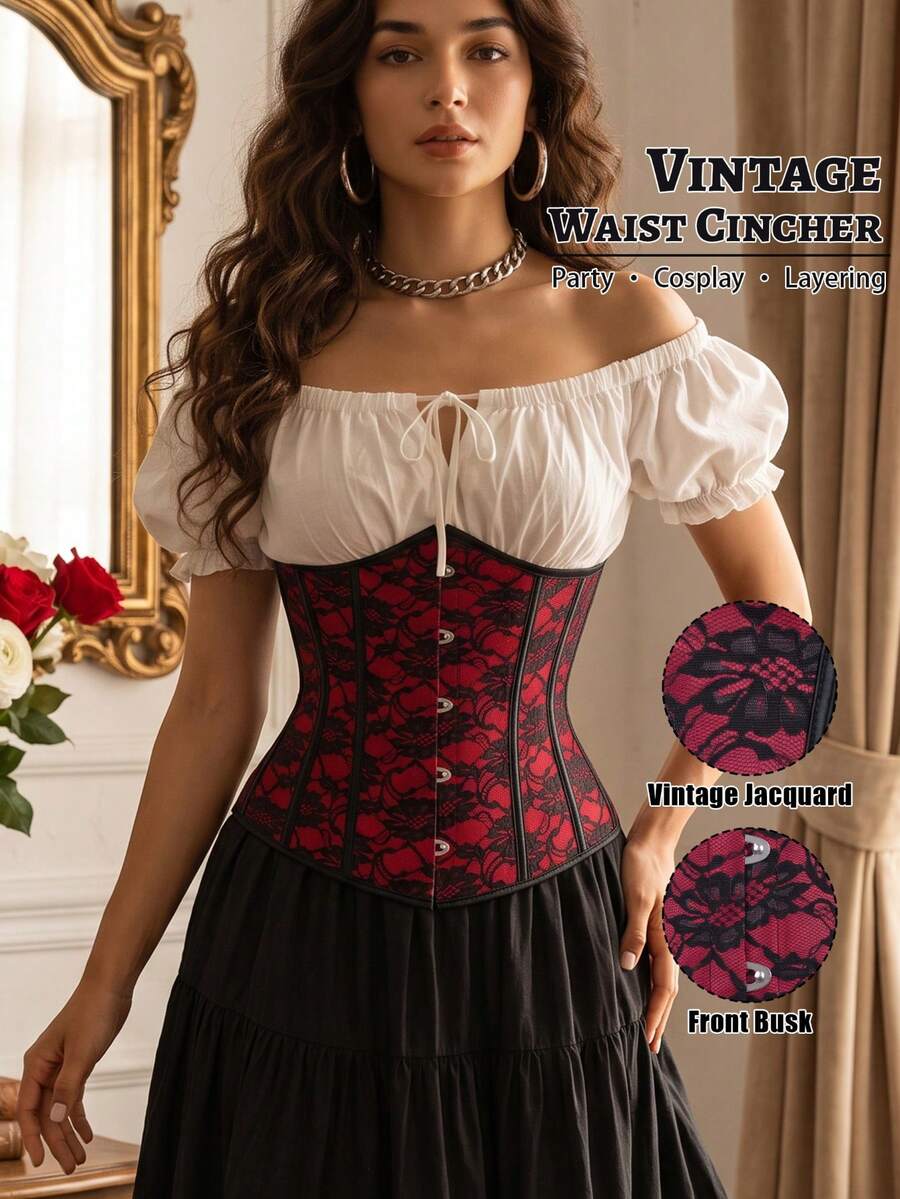 Women's Gothic Floral Lace Underbust Corset, Lace-Up Boned Waist Cincher, Suitable For Party And Renaissance Style - Red - View 1
