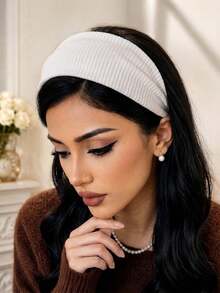 1pc Women's White Ribbed Knit Headband, Soft Elastic Winter Ear Warmer Headband, Casual Fashion Hair Accessory, Suitable For Daily Wear And Sports - White - View 2