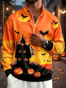 Men's Halloween Bat & Pumpkin Print Half-Zip Stand Collar Sweatshirt - Multicolor - View 1