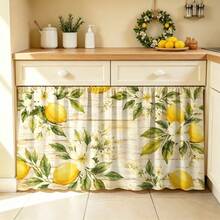 1PC Distressed Wood Grain Lemon White Flower Print Kitchen Cabinet Curtain,Lemon Flower Green Leaf Pattern Print,2D Flat Printing,Light-Transmitting,Fresh Pastoral Style,Suitable For Kitchen Shelf Cabinet Cover Decor - Multicolor - View 2