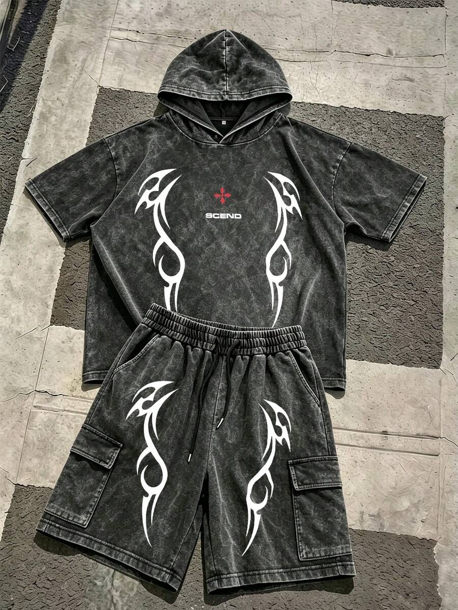 [Smple]Men's Retro Distressed Hooded Short-Sleeve T-Shirt And Cargo Shorts Set, Machine Washable Fabric, Printed Set, Comfortable Summer Streetwear. - Black - View 1