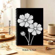 Minimalist White Floral Pattern A5 Spiral Bound Notebook, Black Cover Line Writing Diary, School And Office Stationery, Daily Journal Planner - Floral - Minimalist - View 3