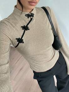 Women's New Chinese Style Apricot Chinese Knot Casual Daily Date Vacation Top - Apricot - View 5