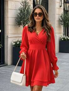 Women V-Neck Long Sleeve Solid Color Casual Short Dress Elegant Spring - Red - View 1