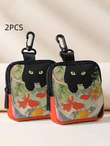1/2pcs ,Cat & Books Floral Print Mini Coin Purse,Zipper Closure Small Pouch With Swivel Hook For Earphones Coins Tiny Accessories,Can Hang On Backpack - Multicolor - View 8