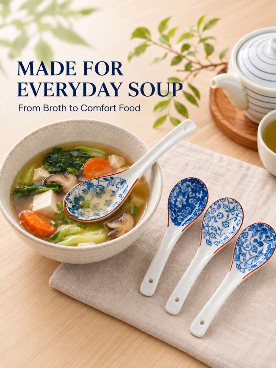 4pcs/8pcs Blue And White Floral Pattern Smooth Glazed Ceramic Soup Spoons, Vintage Chinese Style Tableware, Suitable For Home Dining, Porridge, Noodles, Soup - View 1