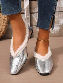 rlyza Women's Thermal Lined Square Toe Low Vamp Retro Fuzzy Trim Flats, Comfortable Warm Commuter Slip-On Fur Shoes - Silver - View 4