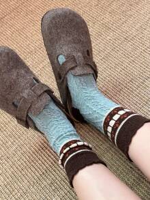 2/4 Pairs Women's New Daily Cute Vintage Japanese Style Daisy Floral 3D Geometric Striped Pattern Ruffle Mid-Calf Slouch Socks, Maillard Color - Multicolor - View 2