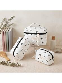 Black Bow Print Quilted Makeup Bag Set, Multi‑Size Zipper Cosmetic Pouch, Portable Travel Toiletry Storage Organizer Bags For Women Daily Use - Multicolor - View 4