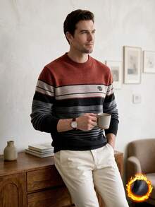 Red Men's Winter Thick Chenille Striped Knit Sweater - Red - View 4