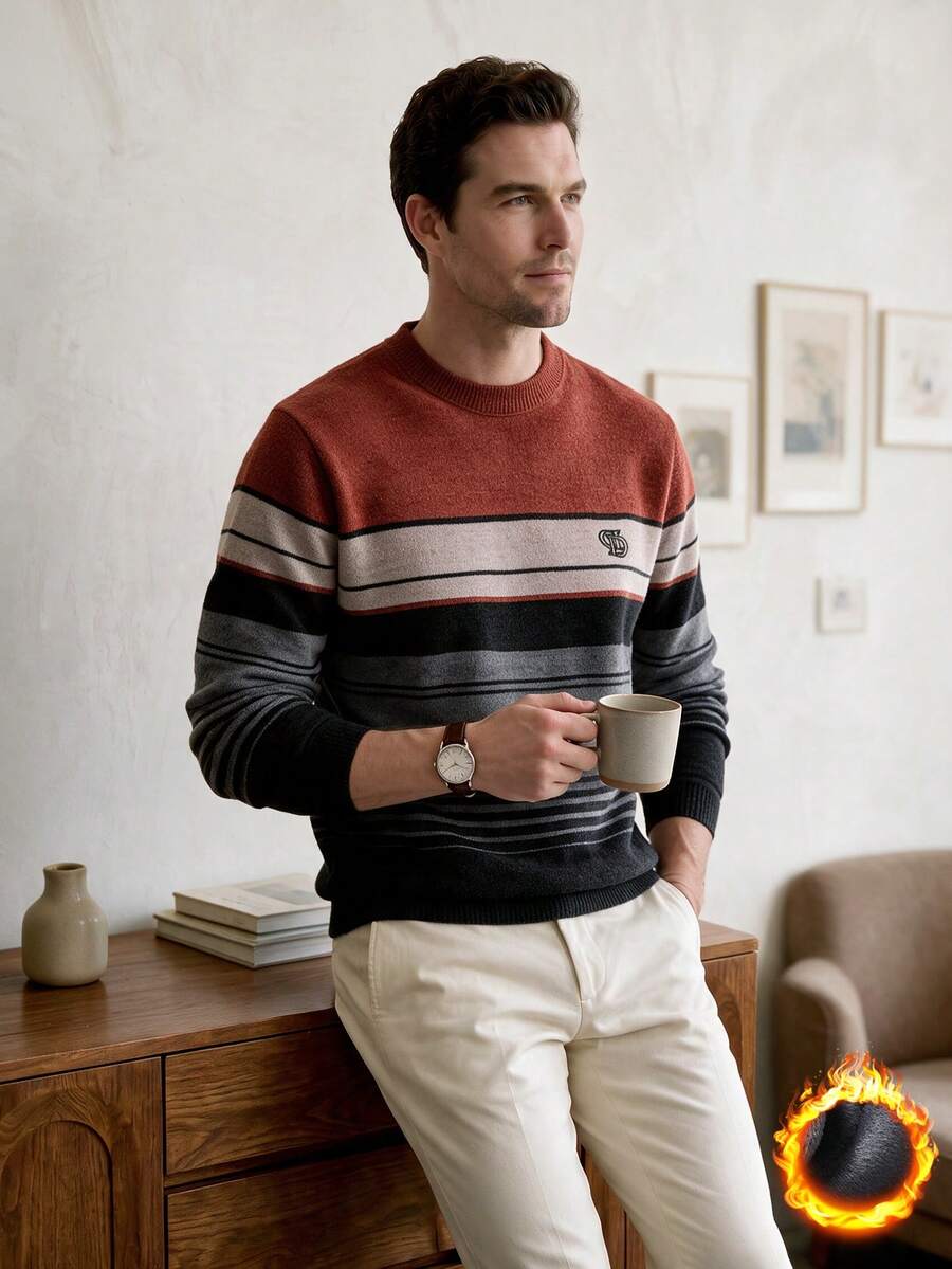 Red Men's Winter Thick Chenille Striped Knit Sweater - Red - View 1