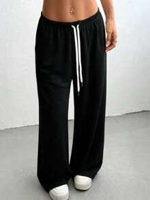 Women's Casual Minimalist Drawstring Waist Pocket Sweatpants Black - Black - View 3